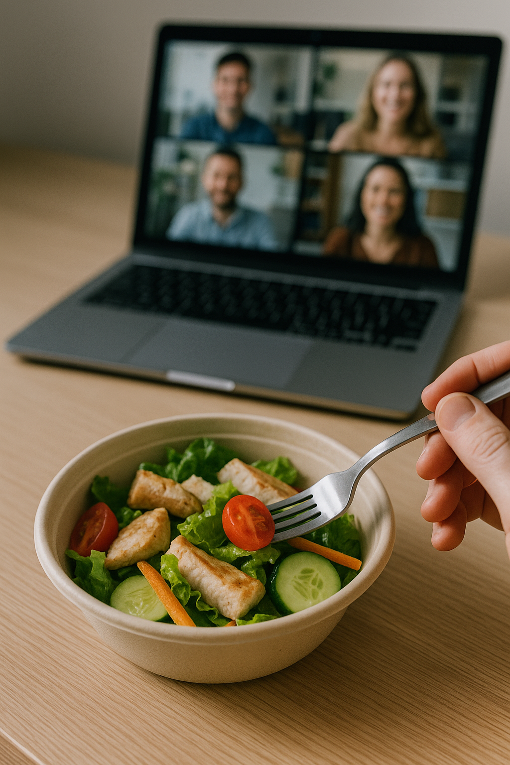 Piatto semplice su una scrivania davanti a un laptop con videochiamata